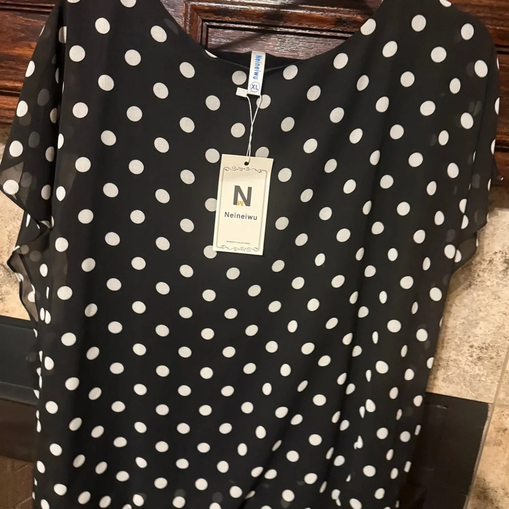 Black White Polka Dot Chiffon Blouse Top Womens Size XL NWT - Picture 2 of 12